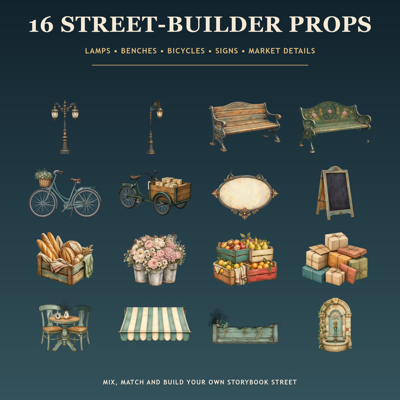 Overview of 16 watercolor street prop illustrations