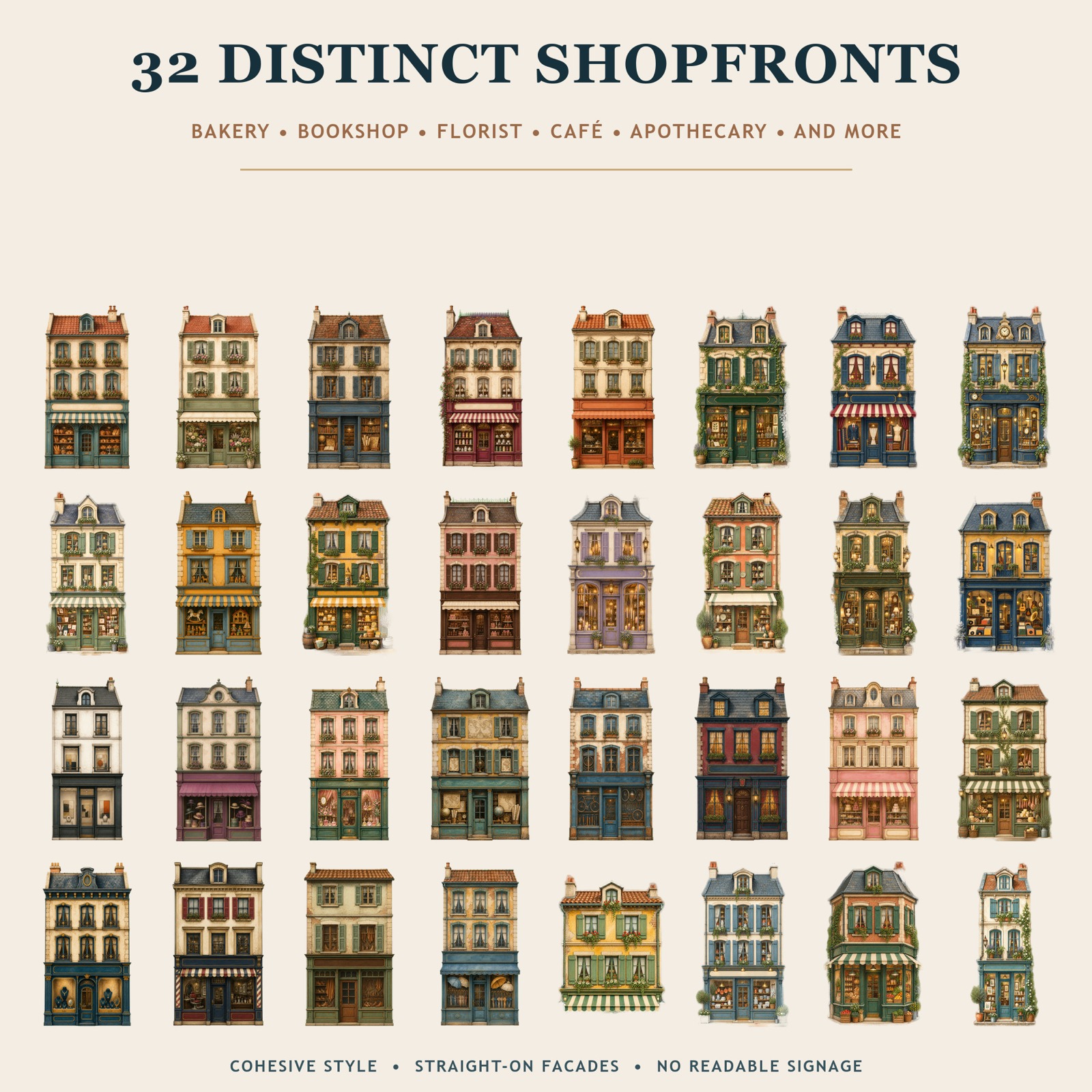 Overview of 32 watercolor European shopfront illustrations